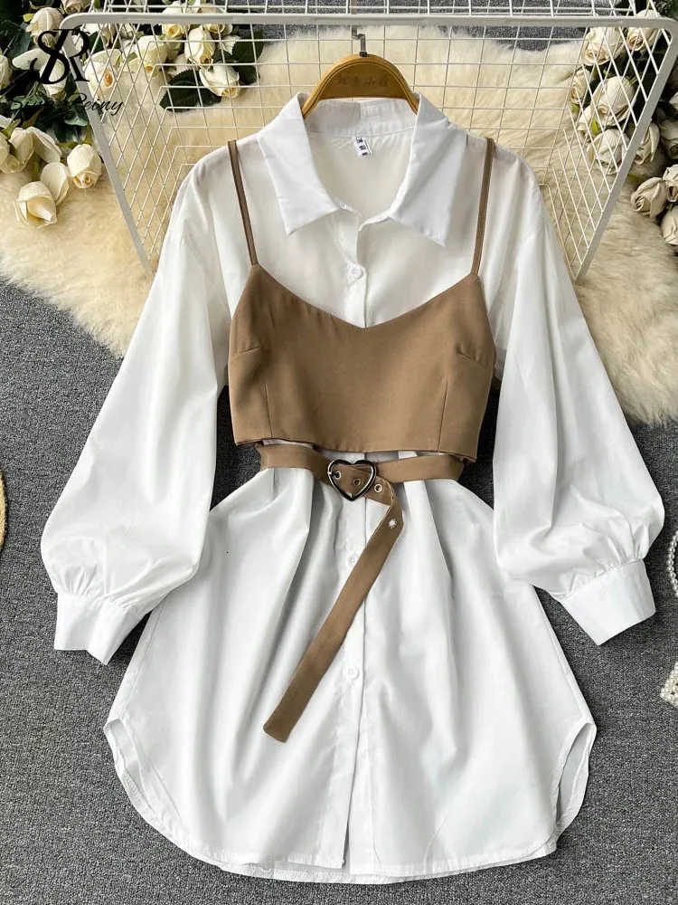 SINGREINY Senior onregelmatige mode tweedelige pakken met lange mouwen wit overhemd DressLove riem kort hemdje dames herfstsets 231023