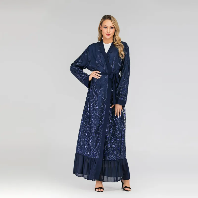 Roupas étnicas 2023 Médio Oriente Moda Mulheres Lace Estilo Cardigan Folha Bordado Muçulmano Lantejoulas Robe Abayas para Mulheres Dubai