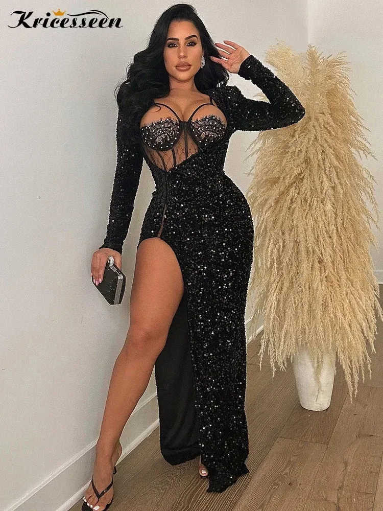 Grundläggande avslappnade klänningar Kricesseen Chic Corset Glam High Slit Sequins klänning Set Glitter Rhinestone Underwire Lace Bodysuit Long Gowns 231024