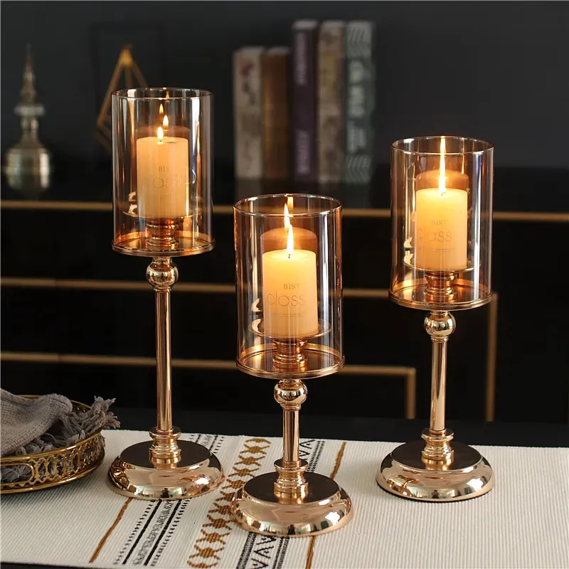 Candle Holders 1pc Golden Glass for Pillar Candlestick Dining Coffee Table Wedding Events Parties Home Decor 231023