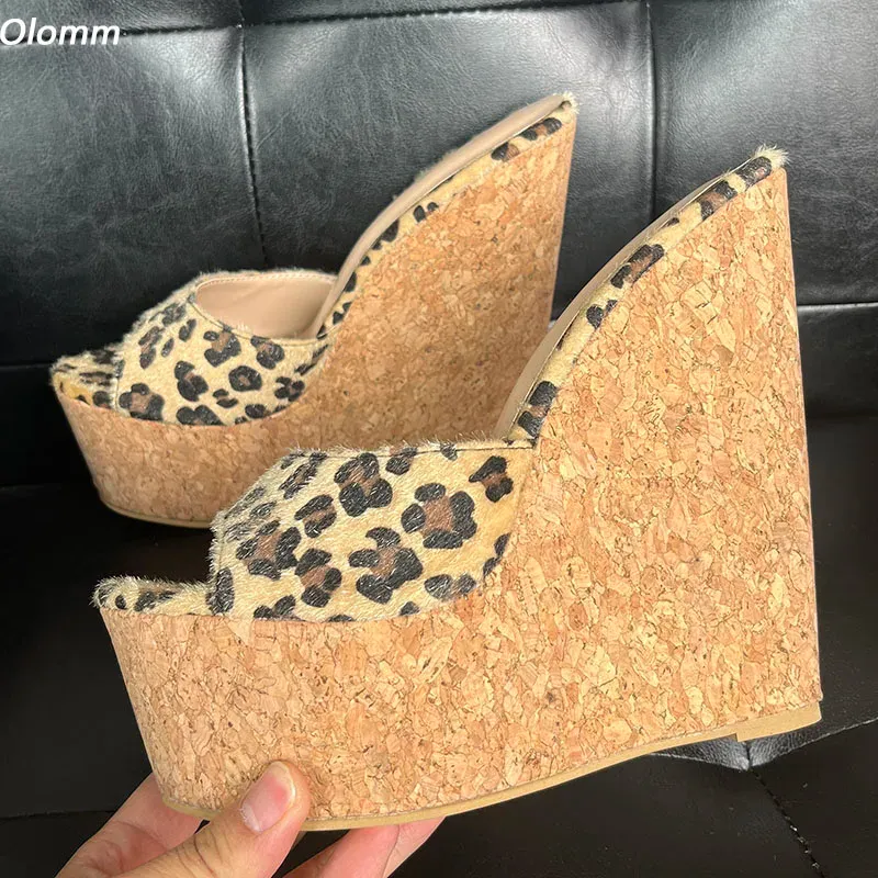 Olomm Handmade Women Platform Mules Sandaler Sexiga kilar kikare kik tå vackra leopard cosplay skor oss plus storlek 5-20