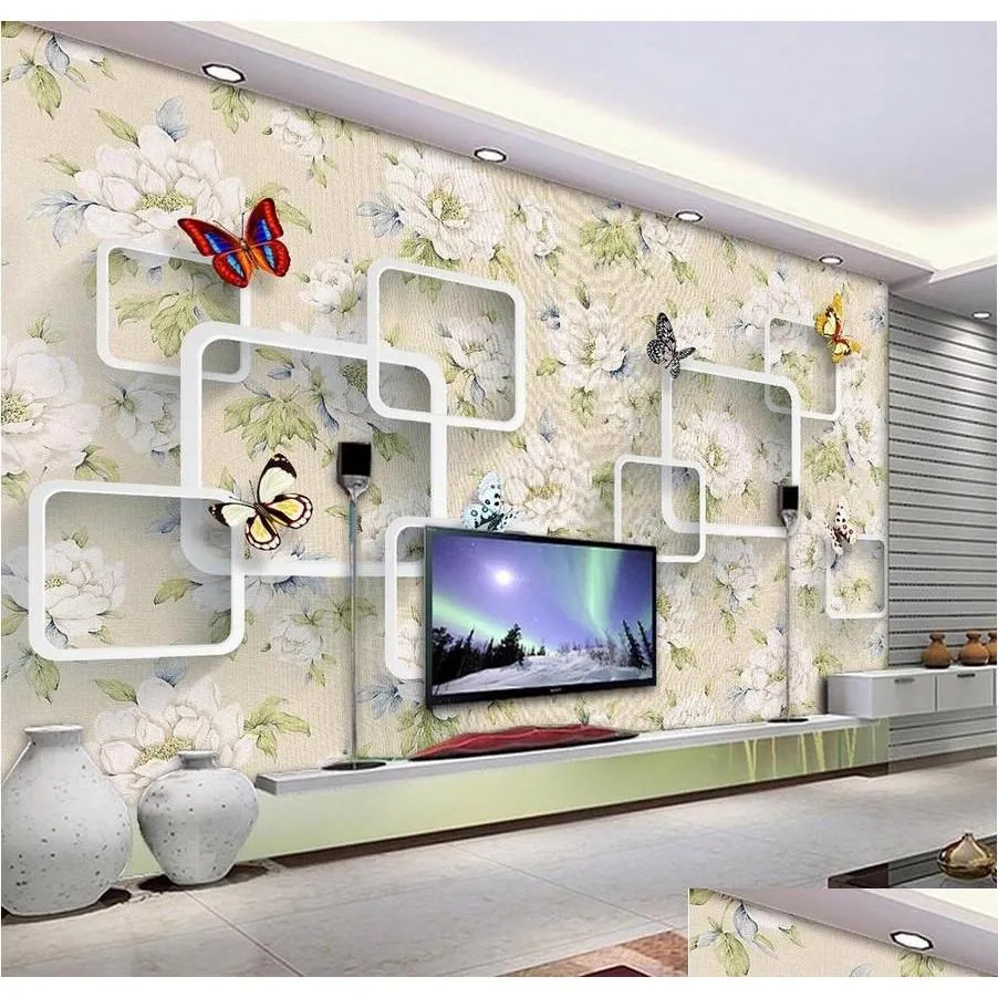 Sfondi di alta qualità Personalizza dimensioni Carta da parati moderna retrò floreale farfalla 3D TV parete per pareti 3 D Soggiorno Consegna goccia Ho Dhugb