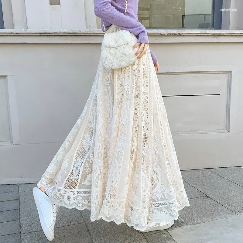 تنانير النساء Long Lace Tulle Skirt Spring Summer Autumn Fashion Casual مرنة مرونة مضيئة الأرجوحة Maxi Beach Holiday