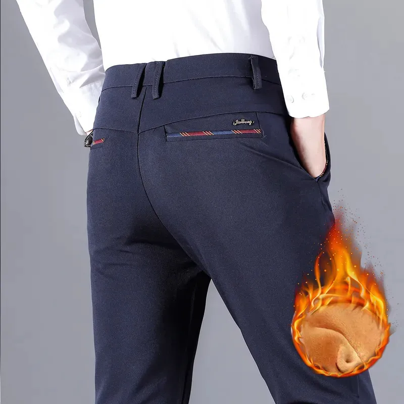 Pantalon pour hommes hiver épaissi polaire décontracté chaud Tube droit antirides non fer affaires couleur unie costume pantalon mâle 231024