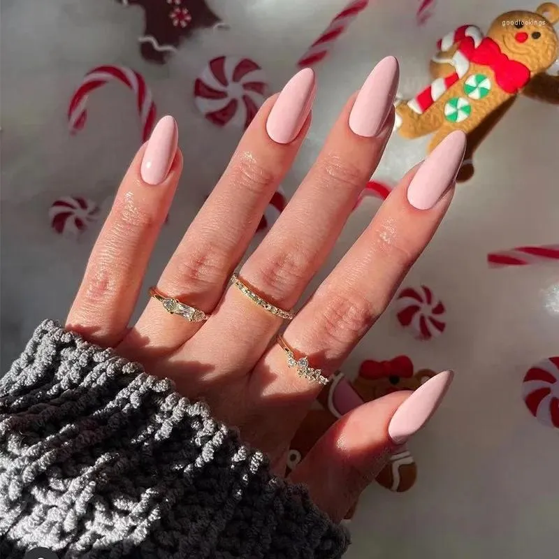 Unghie finte 24 pezzi Rosso nudo falso lungo mandorla Semplice stampa su punte per nail art Decorazioni finite a copertura totale indossabili