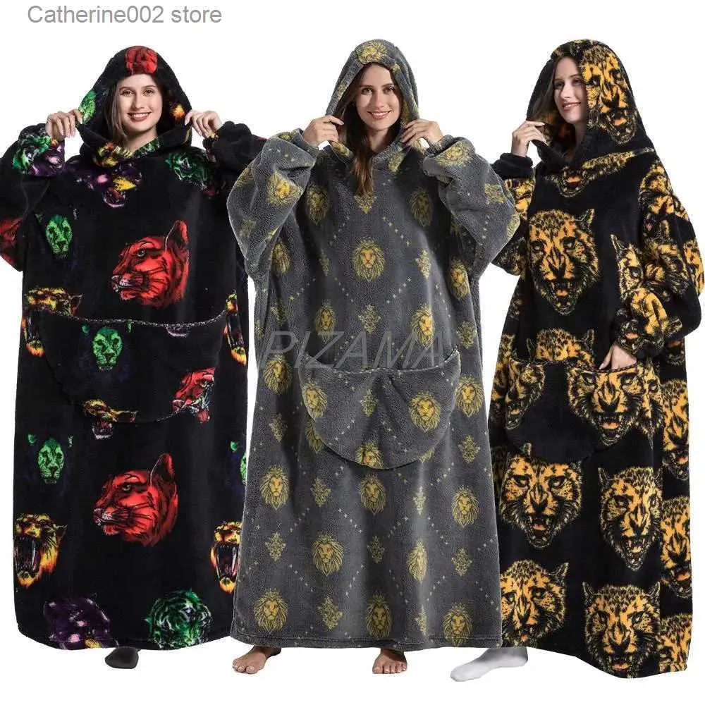 Women's Sleep Lounge Oversized Blanket Hoodie Kid Toddler Boy Men Women Hoodies Tiger Lion Winter Warm Sherpa Fleece Wearable TV Blanket with Sleeves T231024