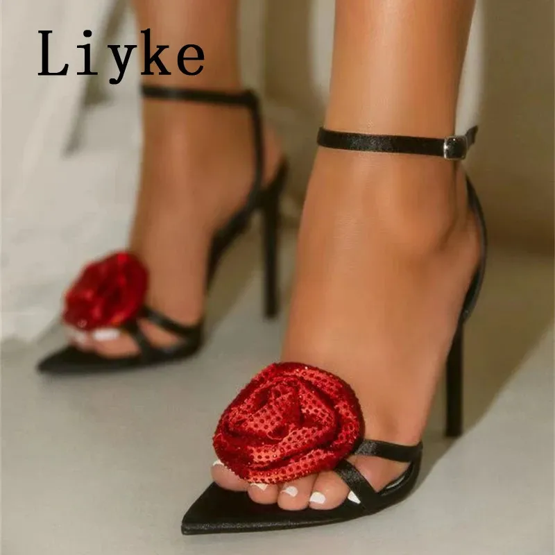 Sandaler Liyke Brand Fashion Crystal Flower Designer Sandaler Kvinnor Svart Ankel Rem Sexig Point Toe Thin High Heels Wedding Prom Shoes 231024
