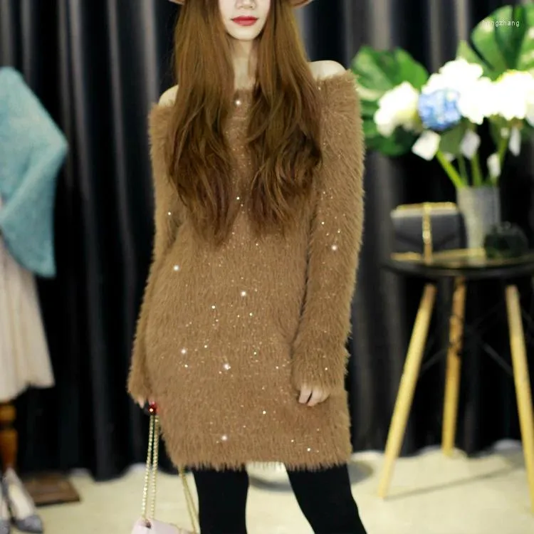 Women's Sweaters Cakucool Women Long Sleeve Autumn Winter Faux Mink Hair Thick Jumper Elegant Sequined Bling Knit Pull Sweater Lady