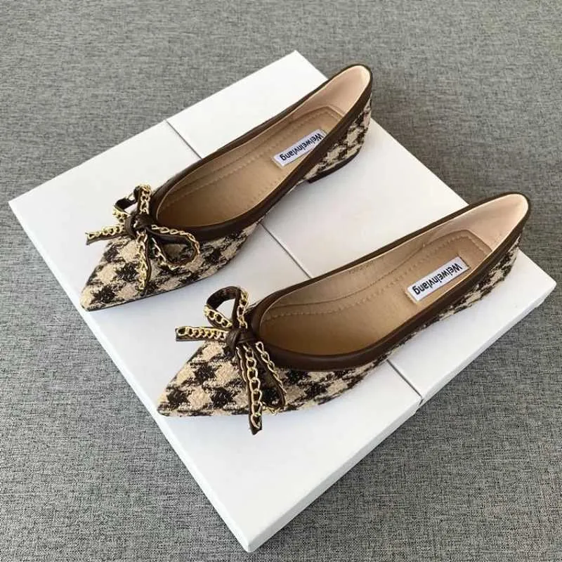 Apontado sapatos femininos planos 2023 novo houndstooth arco senhoras confortável e versátil fundo macio quatro estações trabalho 231024