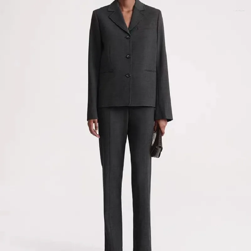 Kvinnors tvåbitar byxor 2023 Autumn Wool Blend Heather Grey Shoulder Pad Blazer Slits Slim Trousers