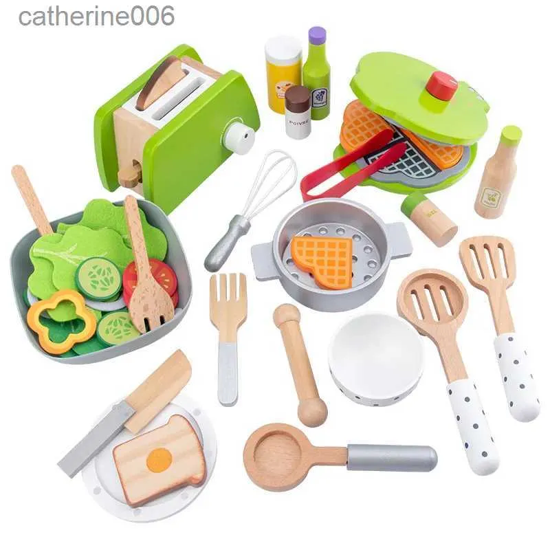 Kitchens Play Food DIY Wooden Kitchen Toy Pretend Play Simulation Model Set Coffee Machine Cooking Educational Toys Gift For Children Kids GirlsL231026