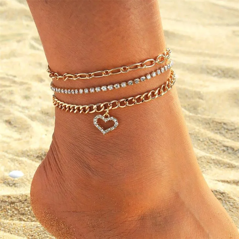 Cavigliere Catena di moda per le donne Colore oro Lusso Amore Cuore Ciondolo Bracciale in cristallo sulla gamba Regali di gioielli per feste in spiaggia