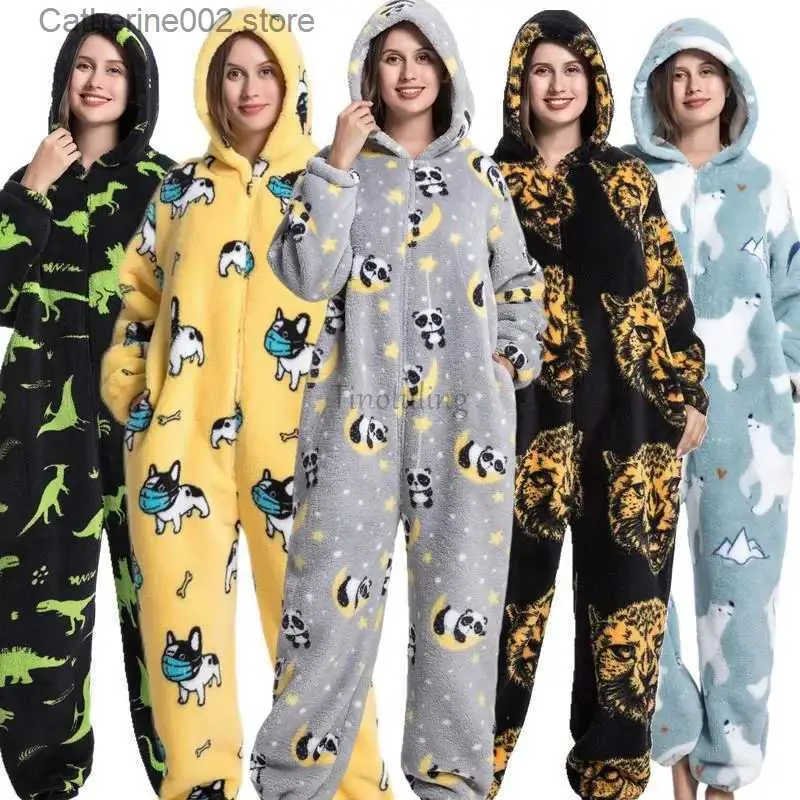 Salotto da donna Animale Cartoon Divertente Tute Kigurumi Pigiama per la famiglia Madre Bambini Flanella Tutina calda per bambini Dinosauro Leone Cosplay Vieni T231024