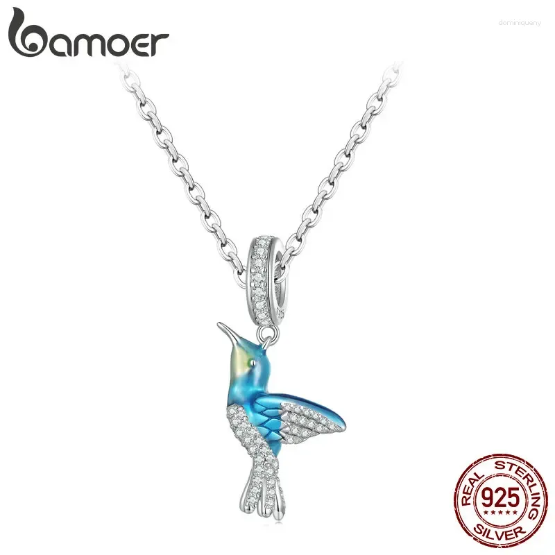 Ciondoli Bamoer Argento sterling 925 Squisito smalto verde Collana con ciondolo uccello Colibrì Catena al collo per le donne Gioielleria raffinata Regalo