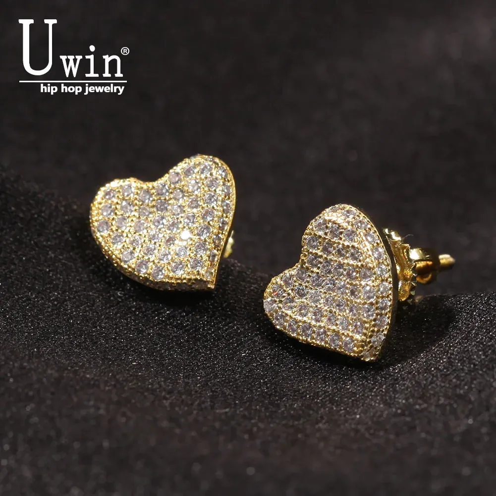 Серьги-кольца Huggie Uwin Heart Full Iced Out, минималистичные серьги-болты, Bling, микропроложенный кубический циркон, модные ювелирные изделия, подарок 231023