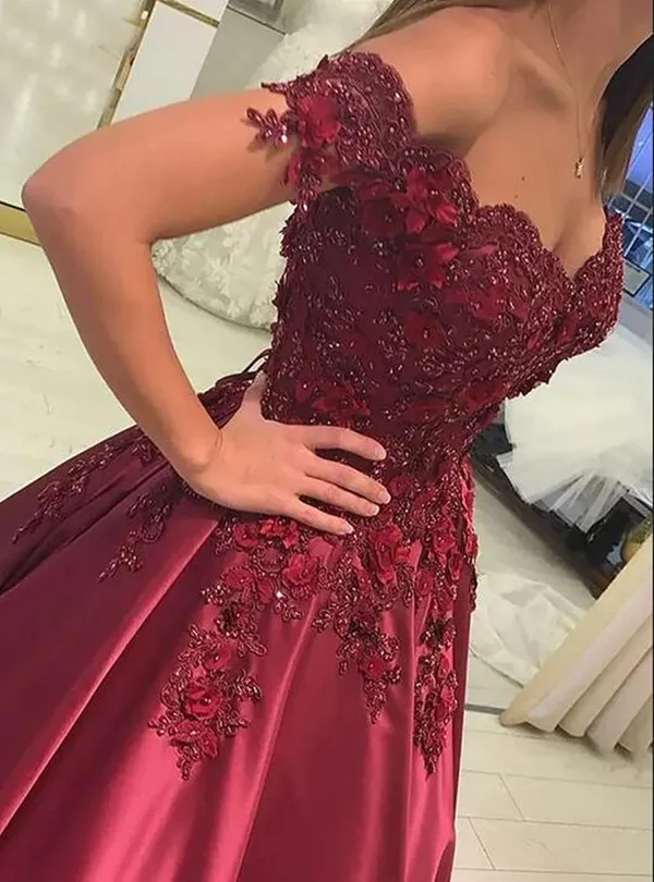 Robe De soirée en Satin bordeaux, épaules dénudées, en dentelle perlée, robes De bal élégantes avec des appliques