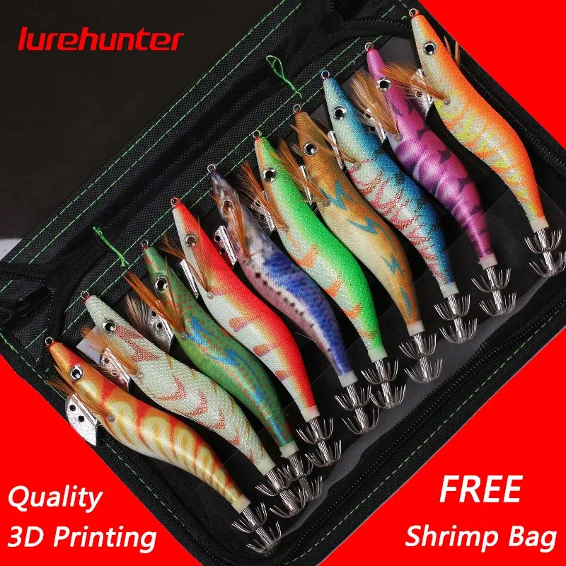 Baits Lures 10PCS with Shrimp Bag 3D Printing 25 30 35 Hook Luminous Squid Jig Fishing Wood Lure Cuttlefish Jigs 231023