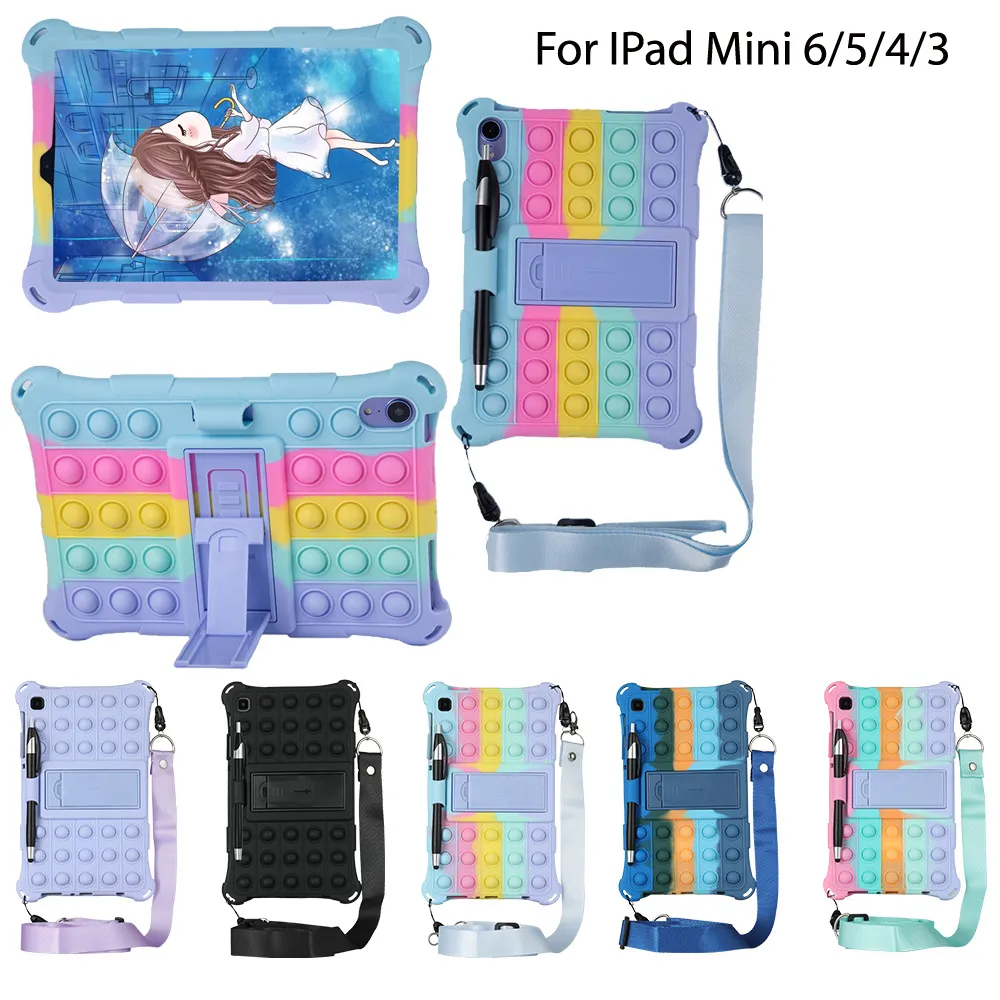 För iPad Mini 6 -fall 8,3 tum mini 3 4 5 7,9 "Barnens stötsäkra kcikstand tablett täcker fidget leksakspussbubbla söta silikonfodral med axelband