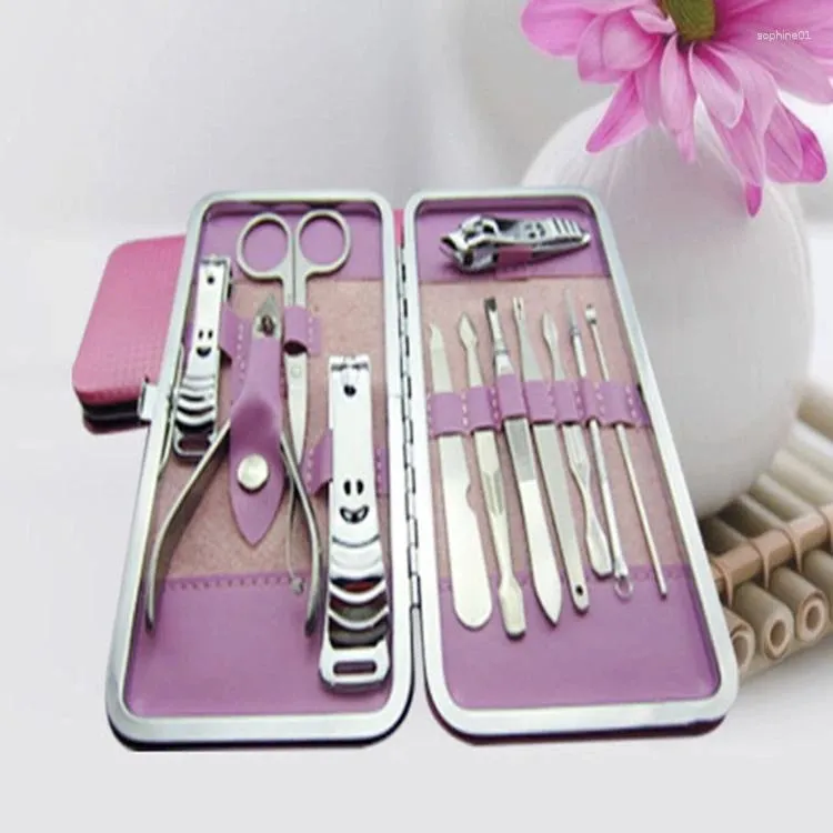 Nagelkonstsatser 100 st/sets rosa låda 12st rostfritt stål manikyr kit clipper tellier picker sax öronpick set professionell skötsel