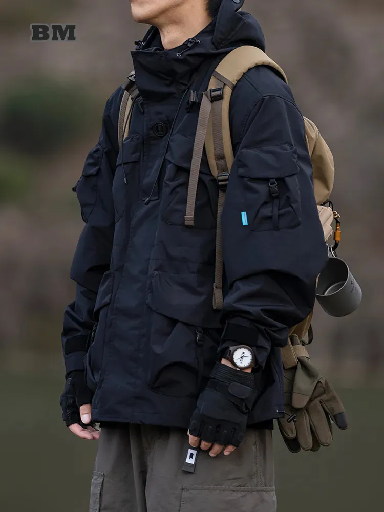 Erkek ceket Japon trend açık kapşonlu ceket harajuku yüksek kaliteli kargo ceket dağcılık gevşek fonksiyon rüzgar kırıcı erkek giyim 231023