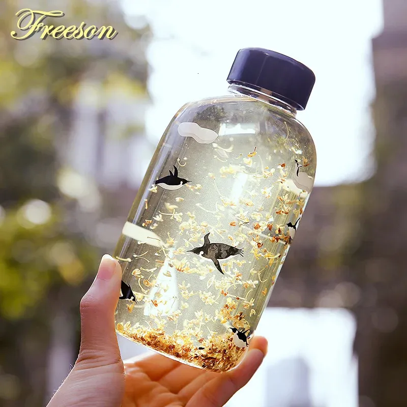 Tumblers Polar Bear Glass Water Bottle With Sleeve Cute Animal Ice Bottles Kawaii Cup Cartoon Camping Sport Tour Drinkware 231023