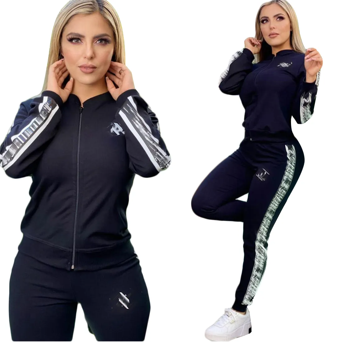 Designer Fashion Autumn and Winter Women's Printed Black White CC Sportwear Brevligen 2 -stycken Sports kostym Jacka dragkedja Top Pants Jogging Free Ship