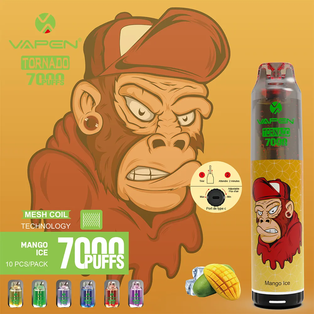 Original Vapen Tornado 7000 Puffs 7000 engångsvape puff 7000 E cigaretter 15 ml POD Mesh Coil 6 Glowing uppladdningsbart RGB -ljus 0/2/3/5% VAPE 7000