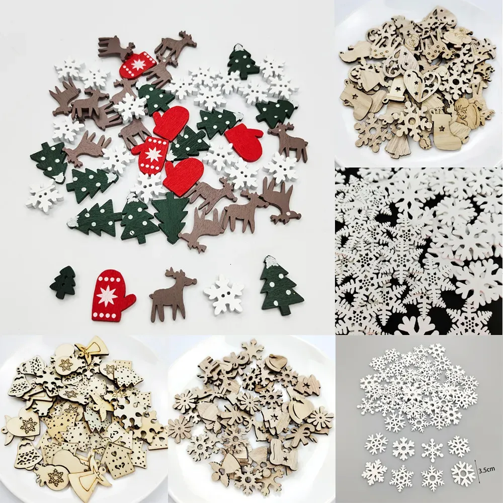 Decorações de Natal 50pcs enfeites de madeira madeira decorativa Claus floco de neve recorte fatias diy artesanato 231023