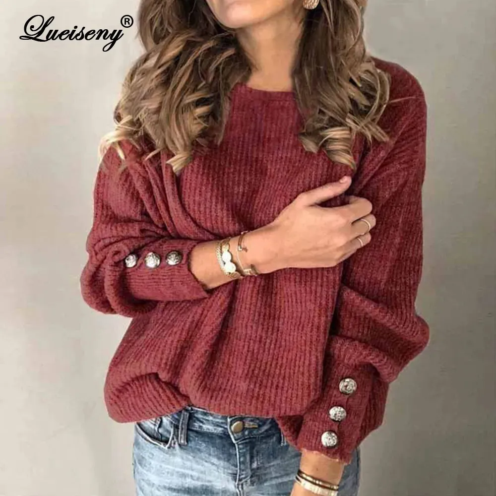 Kvinnors stickor Tees Lueiseny Women Autumn Winter Sticked Sweaters O-Neck Långärmad knapptröja Toppar Ladies Casual Jumper Plus Size S-5XL231023