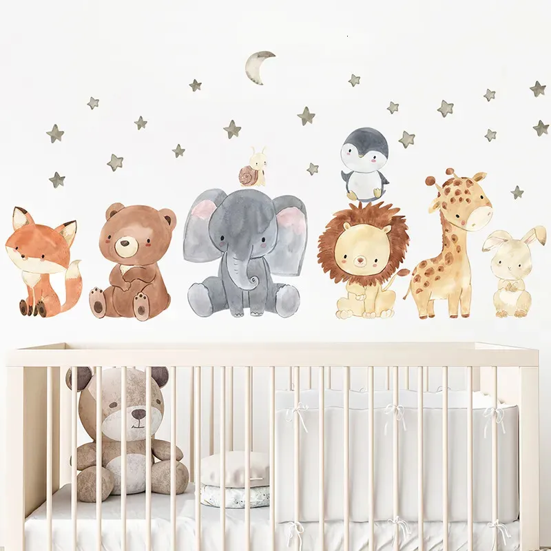 Wall Stickers Watercolor Cartoon Cute Africa Animals Elephant Giraffe Bear Kids Room Decals Decorative Sticker for 231023