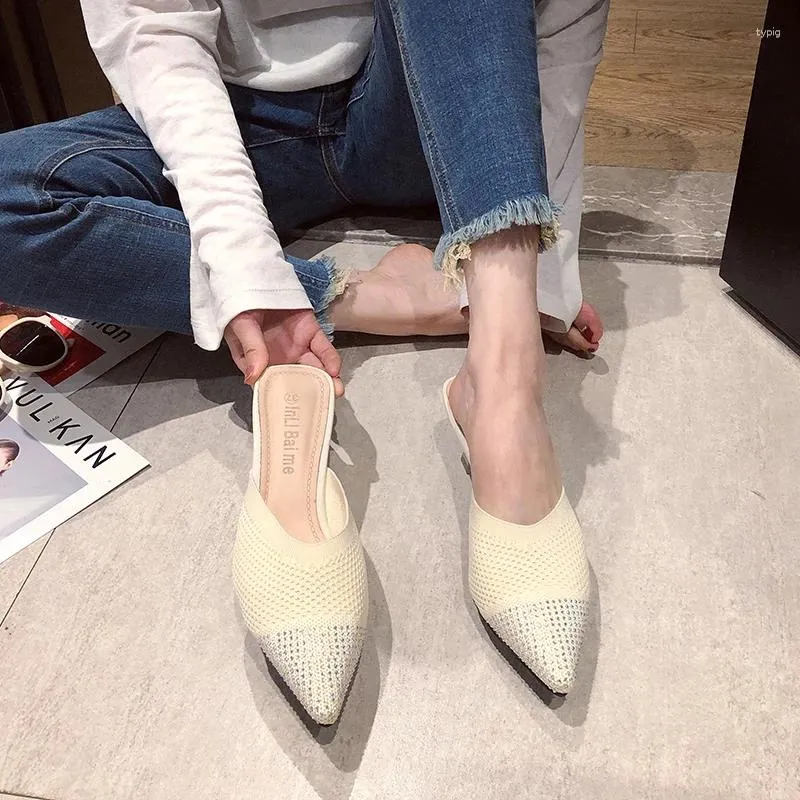 Slippers 2023 Fashion Pointed Toe Solid Color Middle High Fine Heel Girls 4547