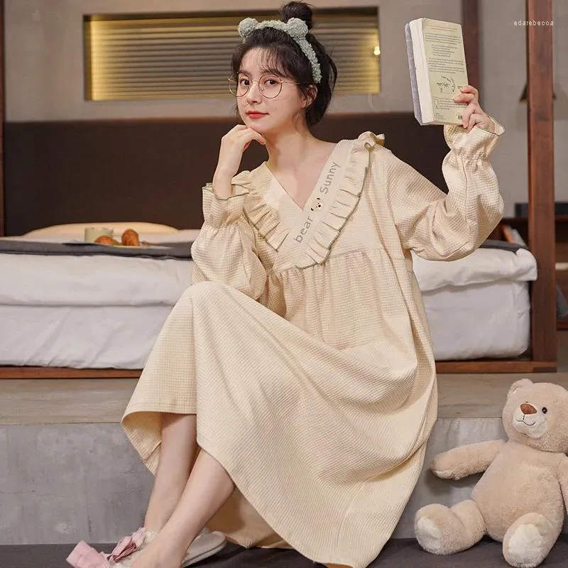 Women's Sleepwear Korean Spring Autumn Winter Long Sleeve Dress Knitted Cotton Nightgowns Loose Home Wear Women Nightshirt M-4XL