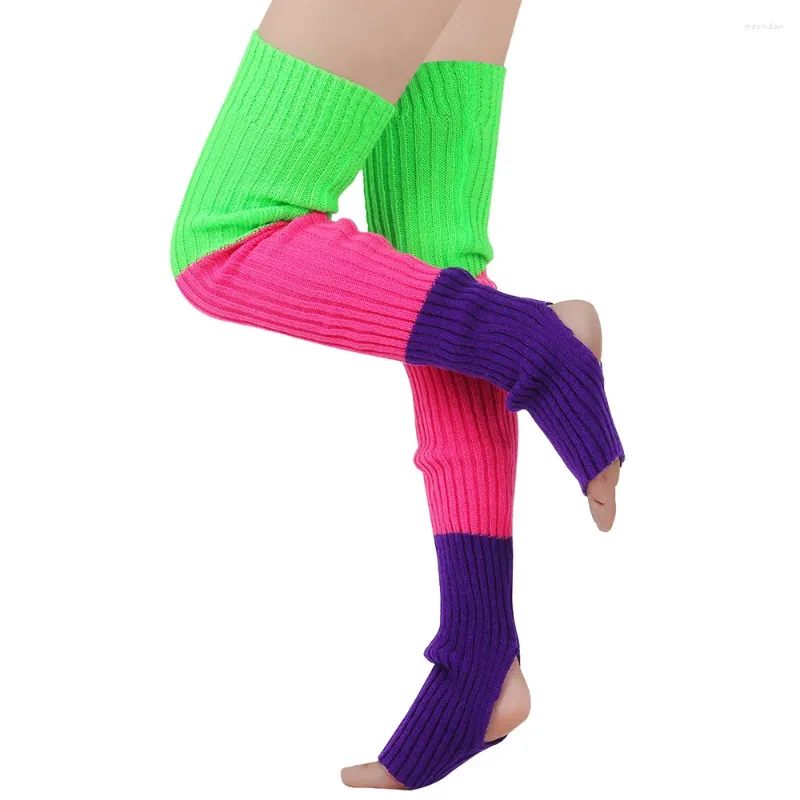 Women Socks Women's Cable Knitted Stockings Colorful Rainbow Print High Warm Footless Yoga