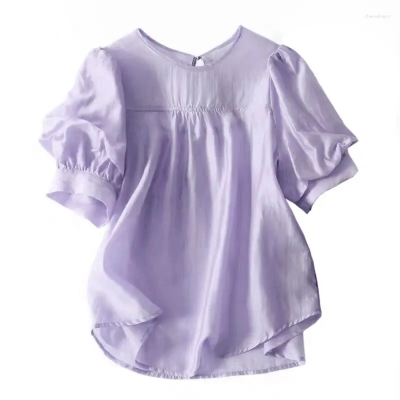 Blusas femininas chiffon camisa em torno do pescoço sólido frisado manga curta solta versátil moda topo verão casual confortável wear