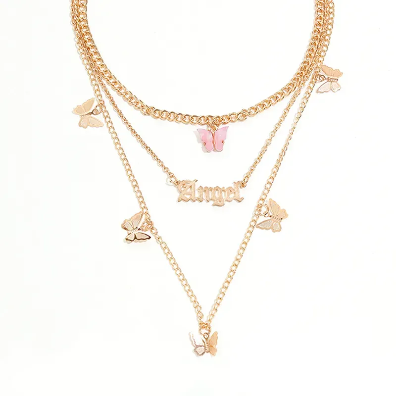 Ensemble de colliers classiques pour femmes, 3 pièces/ensemble, lettre ange rose, Animal, chaîne de clavicule, collier en or, bijoux de fête de danse