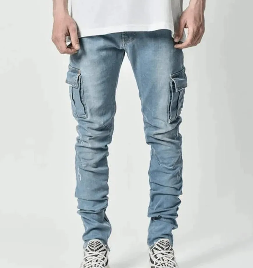 Mens Cargo Jeans Casual Cotton Denim Trousers Multi Pocket Fashion Hihg Street Pencil Pants Side Pockets