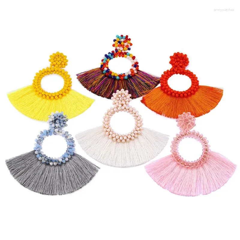 Orecchini pendenti con frange di nappe multicolori della Boemia per le donne Perline fatte a mano con ciondolo a forma di grande ventaglio