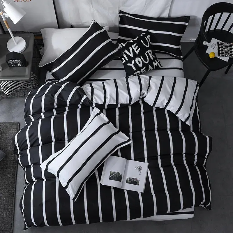 Sängkläder set set duvet täckning kudde säng sängkläder svart och vit randtryck quilt säng platt ark drottning storlek 231023