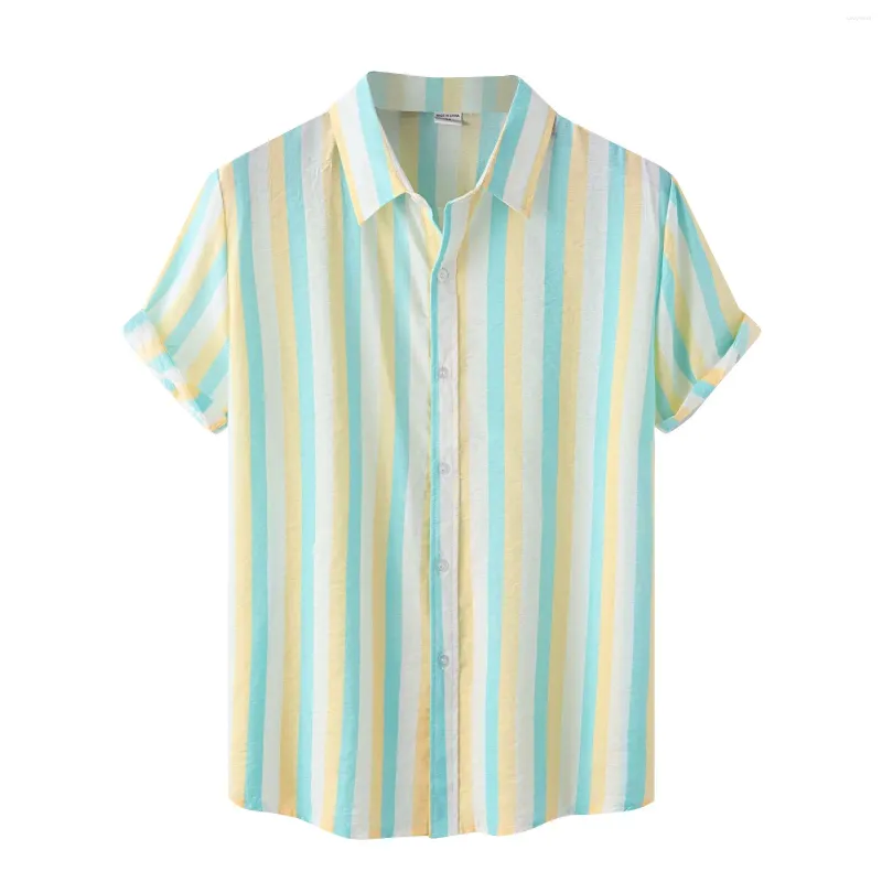 Men's Casual Shirts Luxury Shirt Summer Striped Print Cotton Linen Beach Short Sleeve Lapel Blouses Camisa Hawaiana Hombre