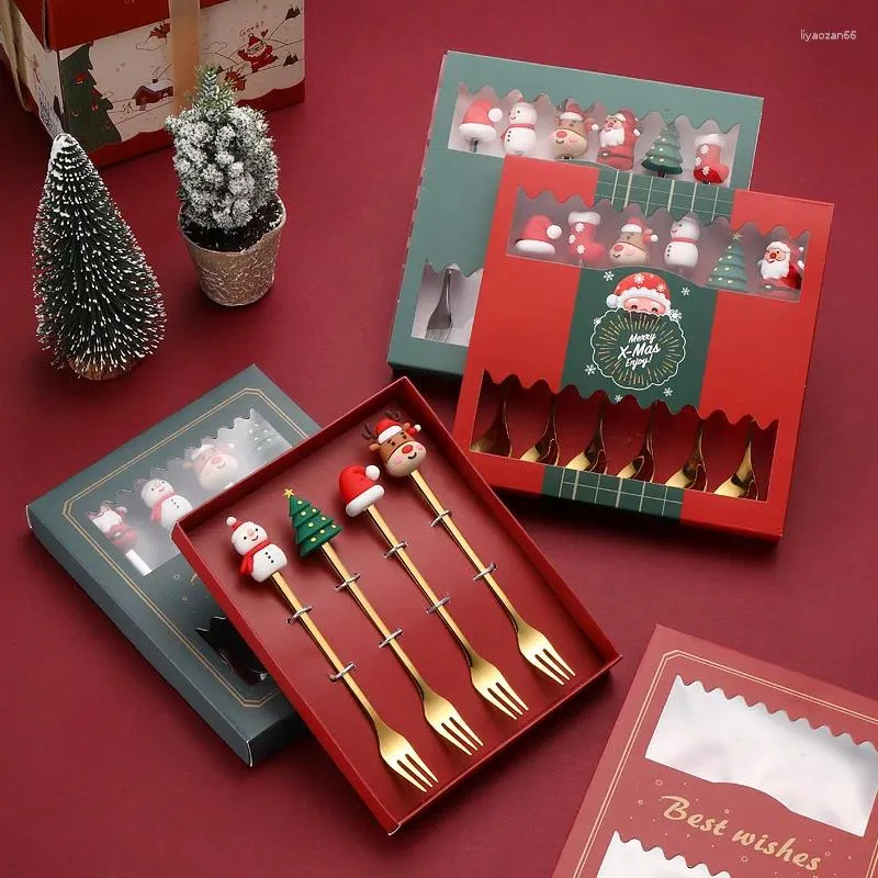 Servis uppsättningar 6/4st julklapp Glod Silver Spoon Fork Set Elk Tree Decoration Dessert Scoop Fruit Coffee Cotlery