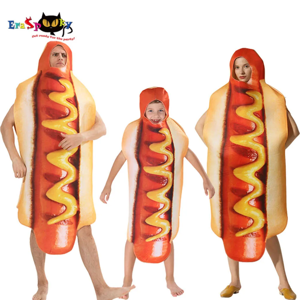 cosplay Uomo Divertente Stampa 3D Salsiccia Tuta Cibo Costumi Hot Dog Bambini Costume di Halloween Festival per adulti Abbinamento per la famiglia Vestito operatocosplay