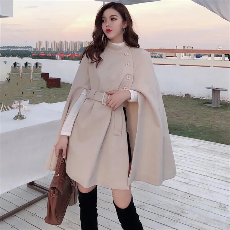 Capa feminina outono de alta qualidade pano de lã xale capa poncho com cinto mulheres meados de comprimento coreano sem mangas casuais senhoras capa casacos 231023
