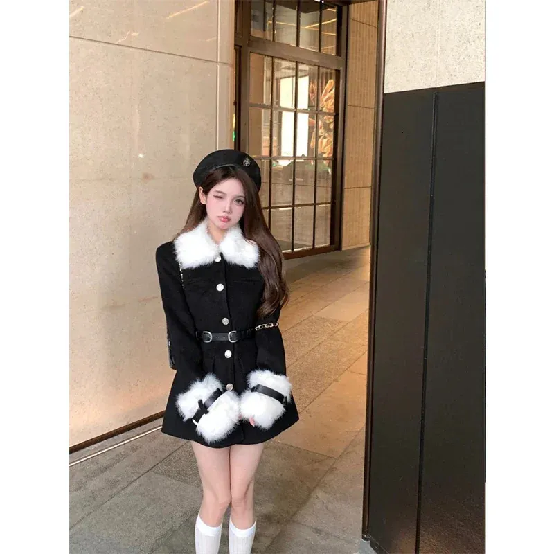 Mélanges de laine pour femmes japonais doux fille élégant manteau de laine femmes automne et hiver col de fourrure coupe ample ceinture veste en laine mode femme vêtements 231023