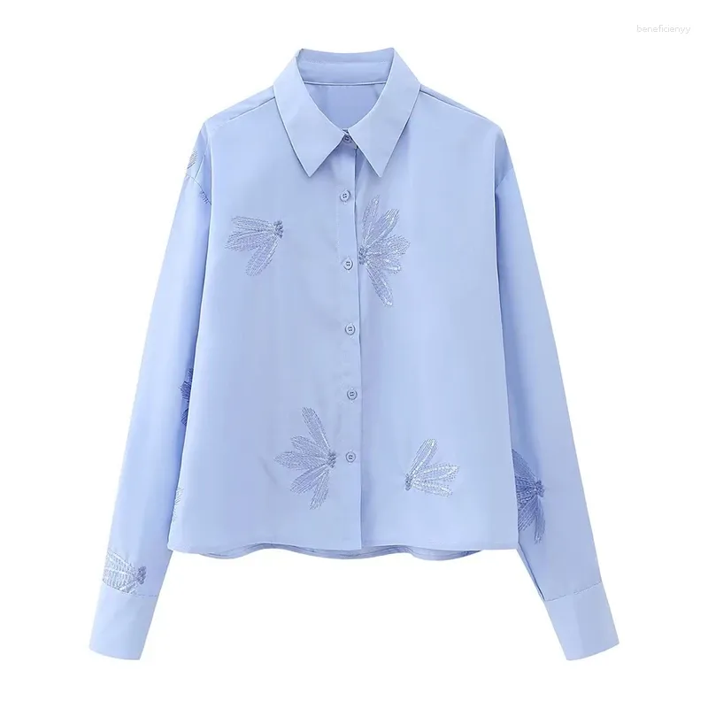 Blusas femininas 2023 verão estilo curto lantejoulas camisa bordada lapela gola manga longa fechamento commuter azul versátil topo