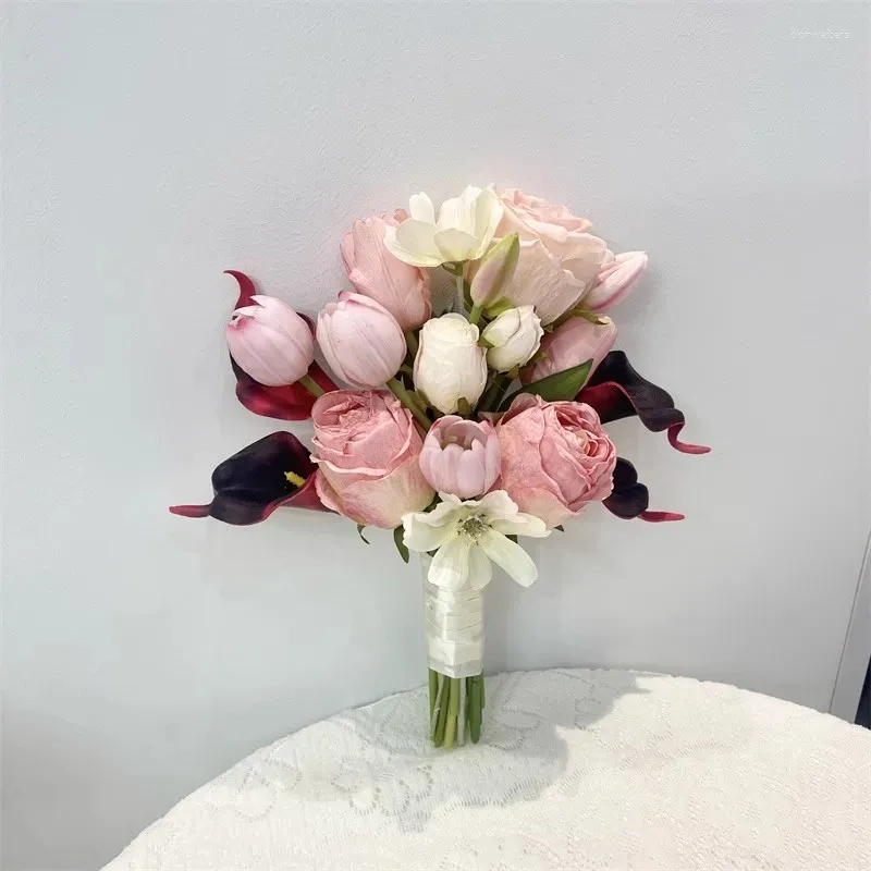 Düğün Çiçekleri 2023 Pembe Gerçek Touch Roses Orman Serisi Props Simülasyon Kırsal Gelin Buket Ramo de Boda