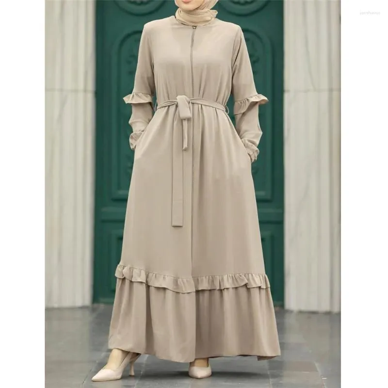 Vêtements ethniques Open Front Zipper Abayas Femmes musulmanes Dubaï Arabie Longue Maxi Robes Turquie Arabe Islamique Ramadan Kaftan Robe Jalabiya