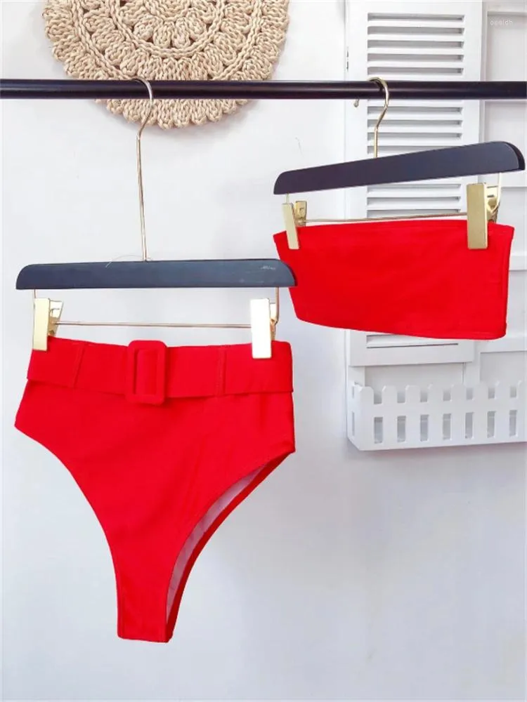 Damenbadebekleidung Bikini Frauen Badeanzug 2023 Rot Bandeau Bikinis Set Sexy Hohe Taille Sommer Zwei Stück Strand Tragen Badeanzug Weiblich