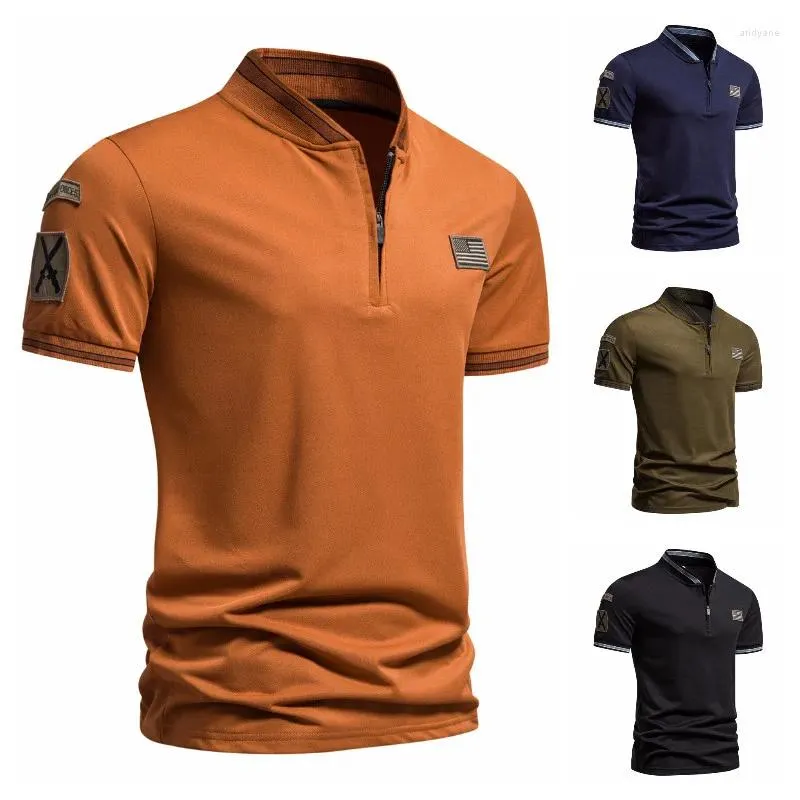 Polos masculinos verão camisa polo camiseta uniforme de combate estilo regular mangas curtas cor sólida zíper design top tee