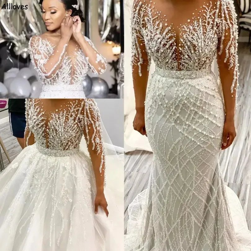 Splendide perle che bordano abiti da sposa africani nigeriani con treno staccabile maniche lunghe plus size sirena abiti da sposa sexy scollo rotondo abiti da sposa CL2810