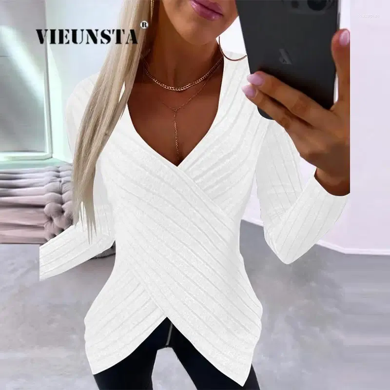 Women's Blouses Women Fashion Solid Color Ribbed Slim Tops Casual Chic Irregular Basic Clothing Autumn Elegant Cross V-Neck Wrap Shirts